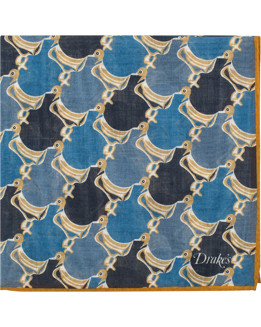 Herre | Drake's Wool/Silk Duck Print Pocket Square Light Blue | Drake's | Wool/Silk Duck Print Pocket Square Light Blue