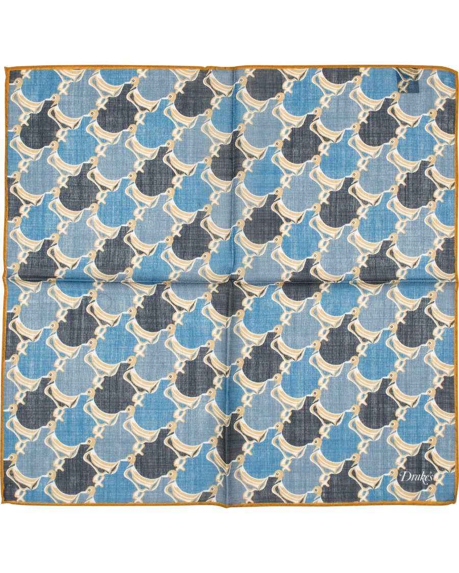 Herre | Drake's Wool/Silk Duck Print Pocket Square Light Blue | Drake's | Wool/Silk Duck Print Pocket Square Light Blue
