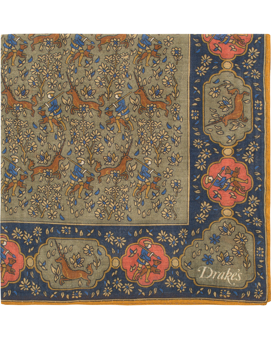 Herre | Drake's Wool/Silk Small Unicorn Print Pocket Square Olive | Drake's | Wool/Silk Small Unicorn Print Pocket Square Olive
