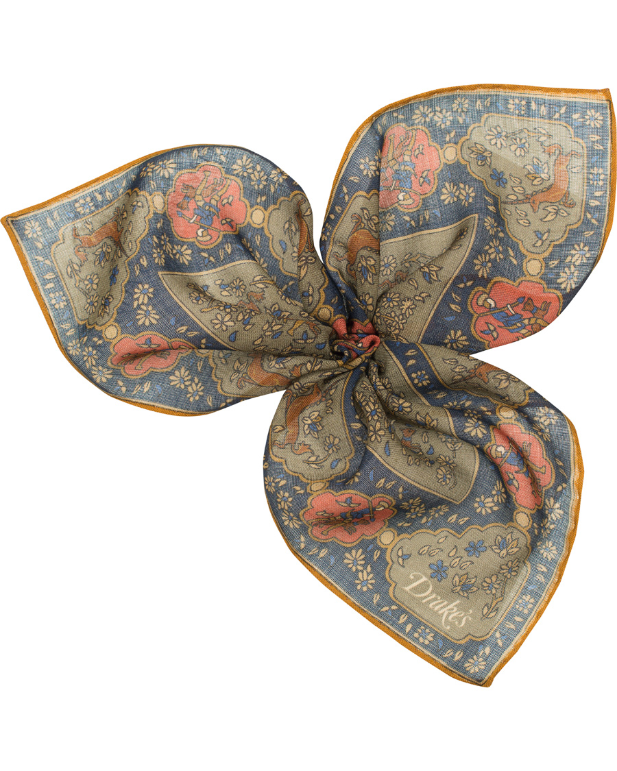 Herre | Drake's Wool/Silk Small Unicorn Print Pocket Square Olive | Drake's | Wool/Silk Small Unicorn Print Pocket Square Olive