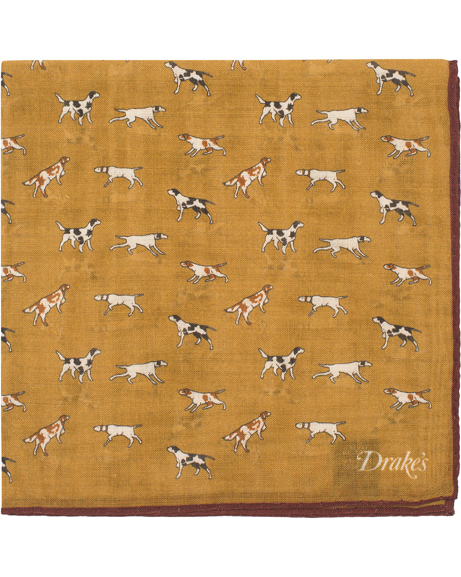 Herre | Drake's Wool/Silk Dogs Print Pocket Square Mustard | Drake's | Wool/Silk Dogs Print Pocket Square Mustard
