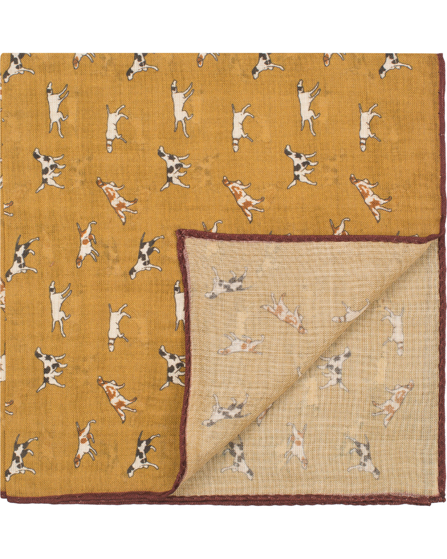 Herre | Drake's Wool/Silk Dogs Print Pocket Square Mustard | Drake's | Wool/Silk Dogs Print Pocket Square Mustard