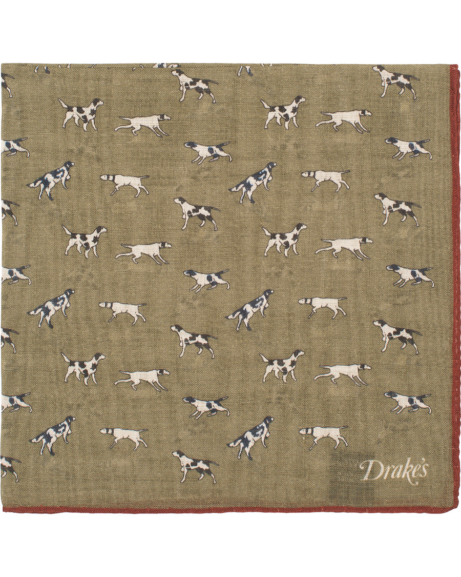 Herre | Drake's Wool/Silk Dogs Print Pocket Square Olive | Drake's | Wool/Silk Dogs Print Pocket Square Olive