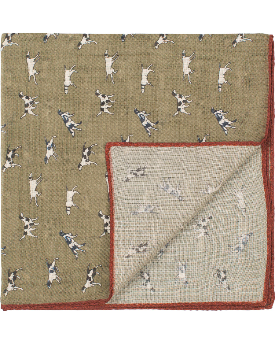 Herre | Drake's Wool/Silk Dogs Print Pocket Square Olive | Drake's | Wool/Silk Dogs Print Pocket Square Olive