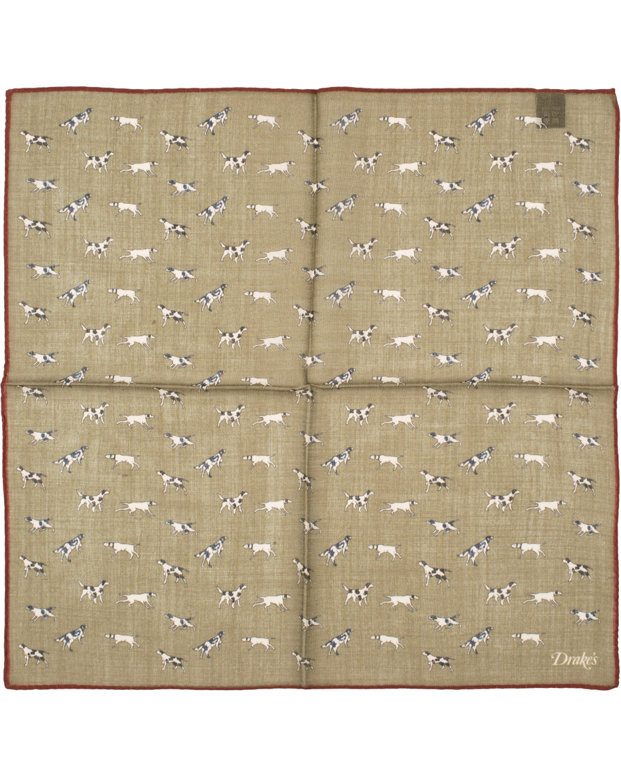 Herre | Drake's Wool/Silk Dogs Print Pocket Square Olive | Drake's | Wool/Silk Dogs Print Pocket Square Olive