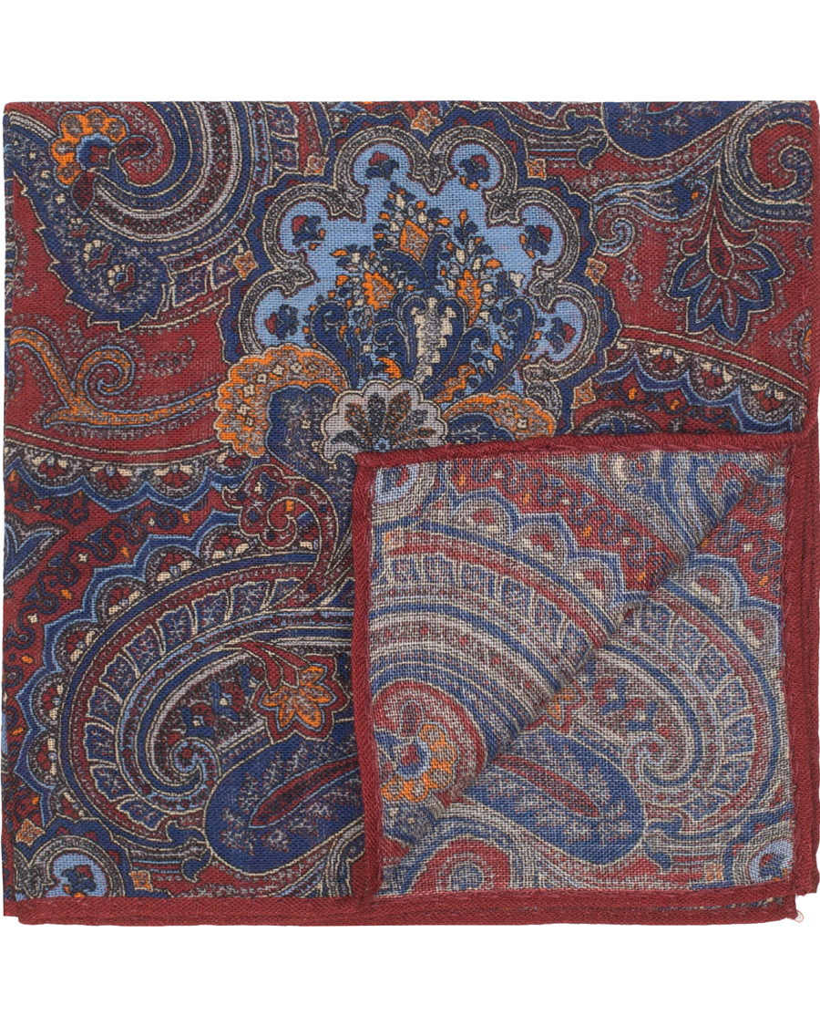 Herre | Amanda Christensen Wool Printed Paisley Pocket Square Wine Red | Amanda Christensen | Wool Printed Paisley Pocket Square Wine Red