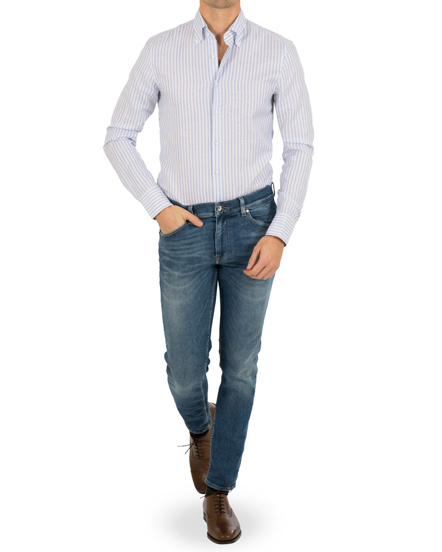 Herre | Skjorter | Stenströms | Cotton/Linen Stripe Button Down Shirt White/Blue