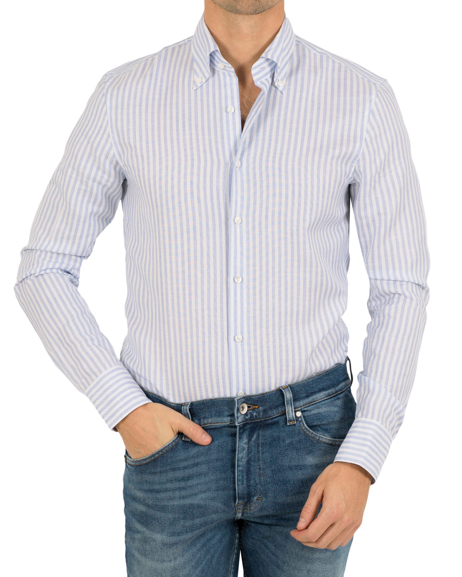 Herre | Skjorter | Stenströms | Cotton/Linen Stripe Button Down Shirt White/Blue