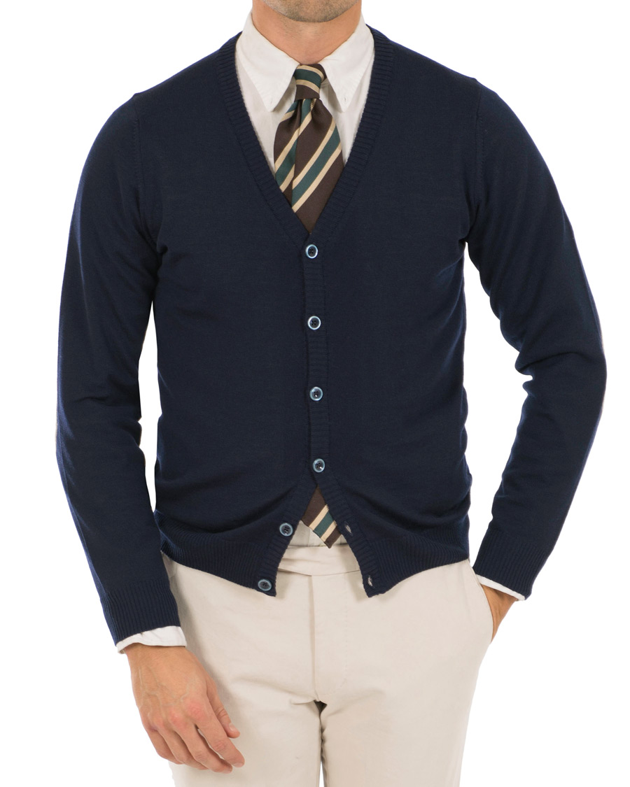 Herre | Gensere | Stenströms | Merino Wool Patch Elbow Cardigan Navy
