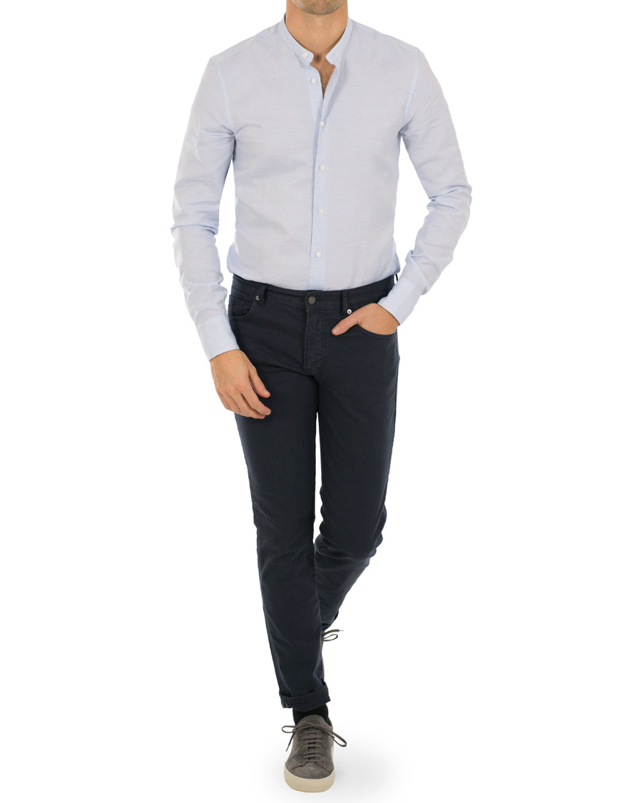 Herre | Skjorter | Stenströms | Slimline Cotton/Linen Grandad Collar Shirt Light Blue
