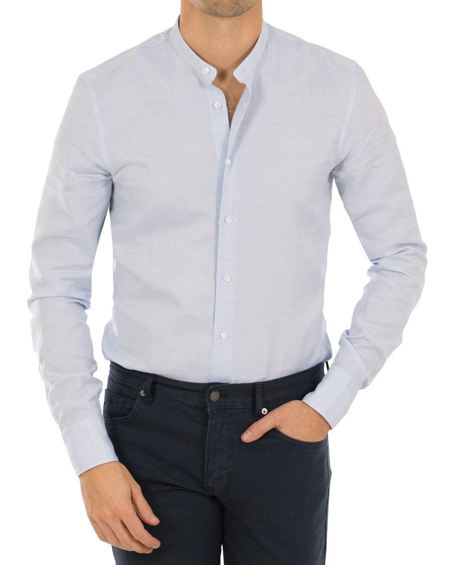 Herre | Skjorter | Stenströms | Slimline Cotton/Linen Grandad Collar Shirt Light Blue