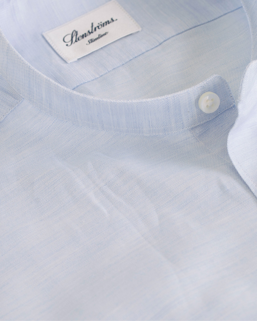 Herre | Skjorter | Stenströms | Slimline Cotton/Linen Grandad Collar Shirt Light Blue
