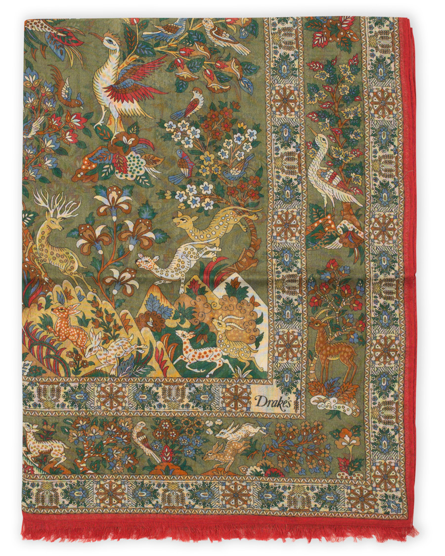 Herre | Drake's Cotton/Modal Gardens of Eden Print Scarf Green | Drake's | Cotton/Modal Gardens of Eden Print Scarf Green