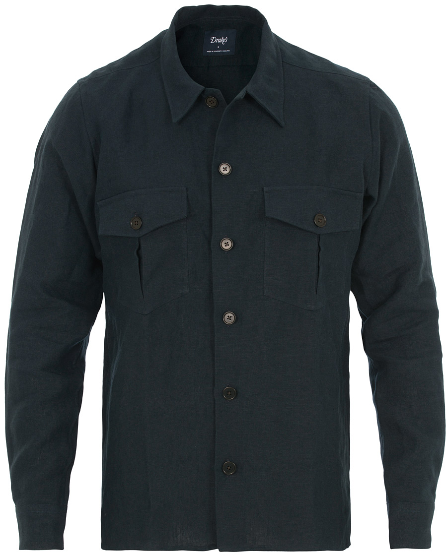 Herre | Skjorter | Drake's | Linen 2 Pocket Schacket Navy