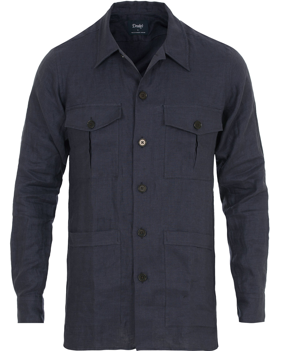 Herre | Skjorter | Drake's | Linen Safari Schacket Navy