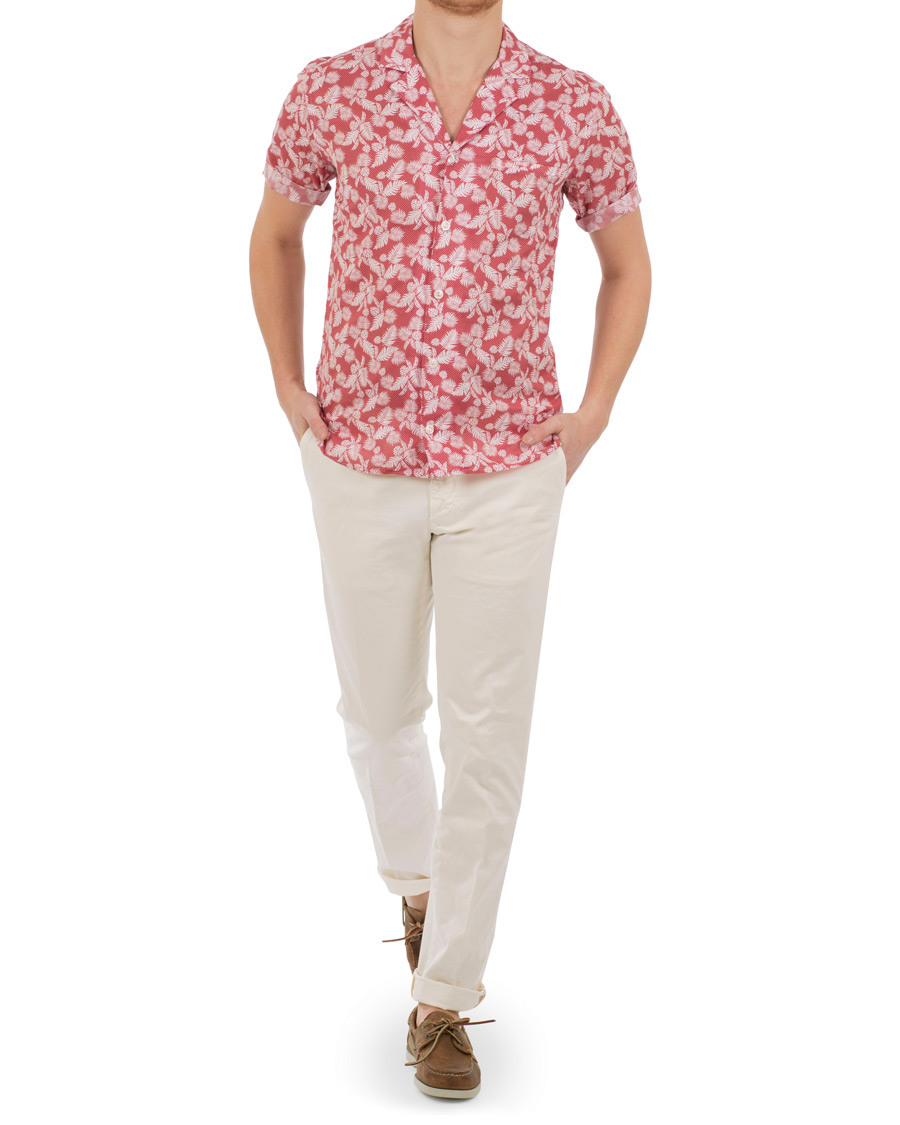 Herre | Skjorter | Eton | Slim Fit Muslin Resort Printed Leaf Shirt Pink/Red