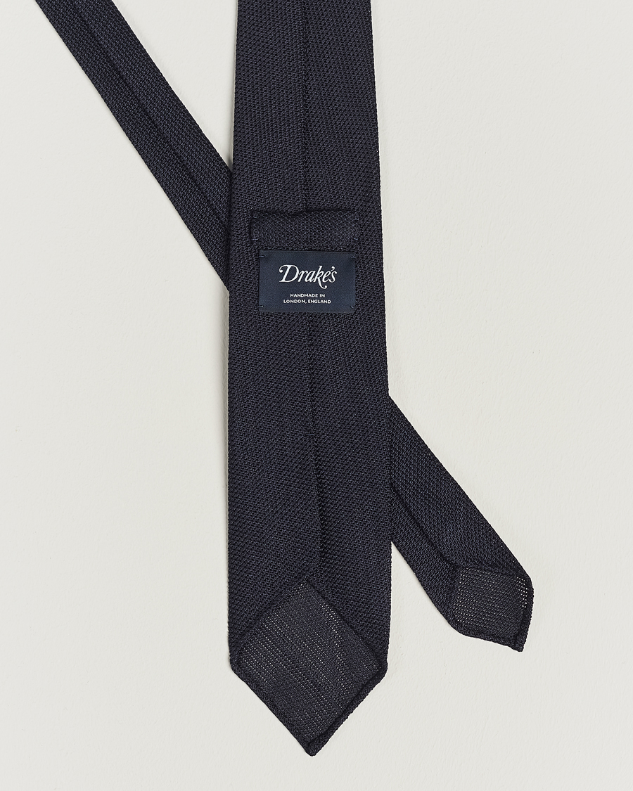 Herre | Preppy Authentic | Drake's | Silk Fine Grenadine Handrolled 8 cm Tie Navy