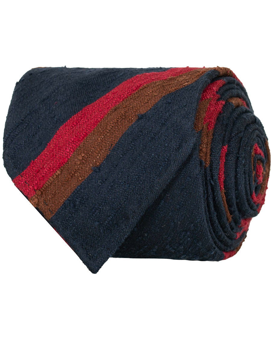 Herre | Drake's Shantung Silk Stripe Handrolled 8 cm Tie Navy/Red/Brown | Drake's | Shantung Silk Stripe Handrolled 8 cm Tie Navy/Red/Brown