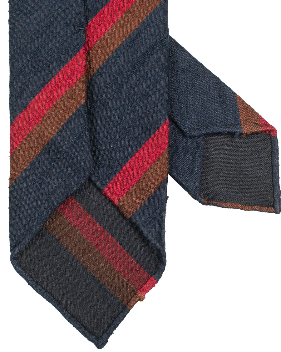 Herre | Drake's Shantung Silk Stripe Handrolled 8 cm Tie Navy/Red/Brown | Drake's | Shantung Silk Stripe Handrolled 8 cm Tie Navy/Red/Brown