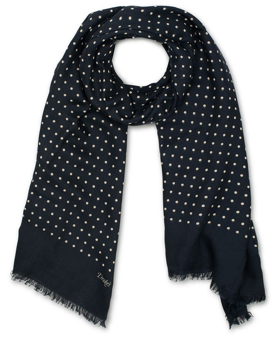Herre | Drake's Wool/Silk Classic Spot Scarf Navy/White | Drake's | Wool/Silk Classic Spot Scarf Navy/White