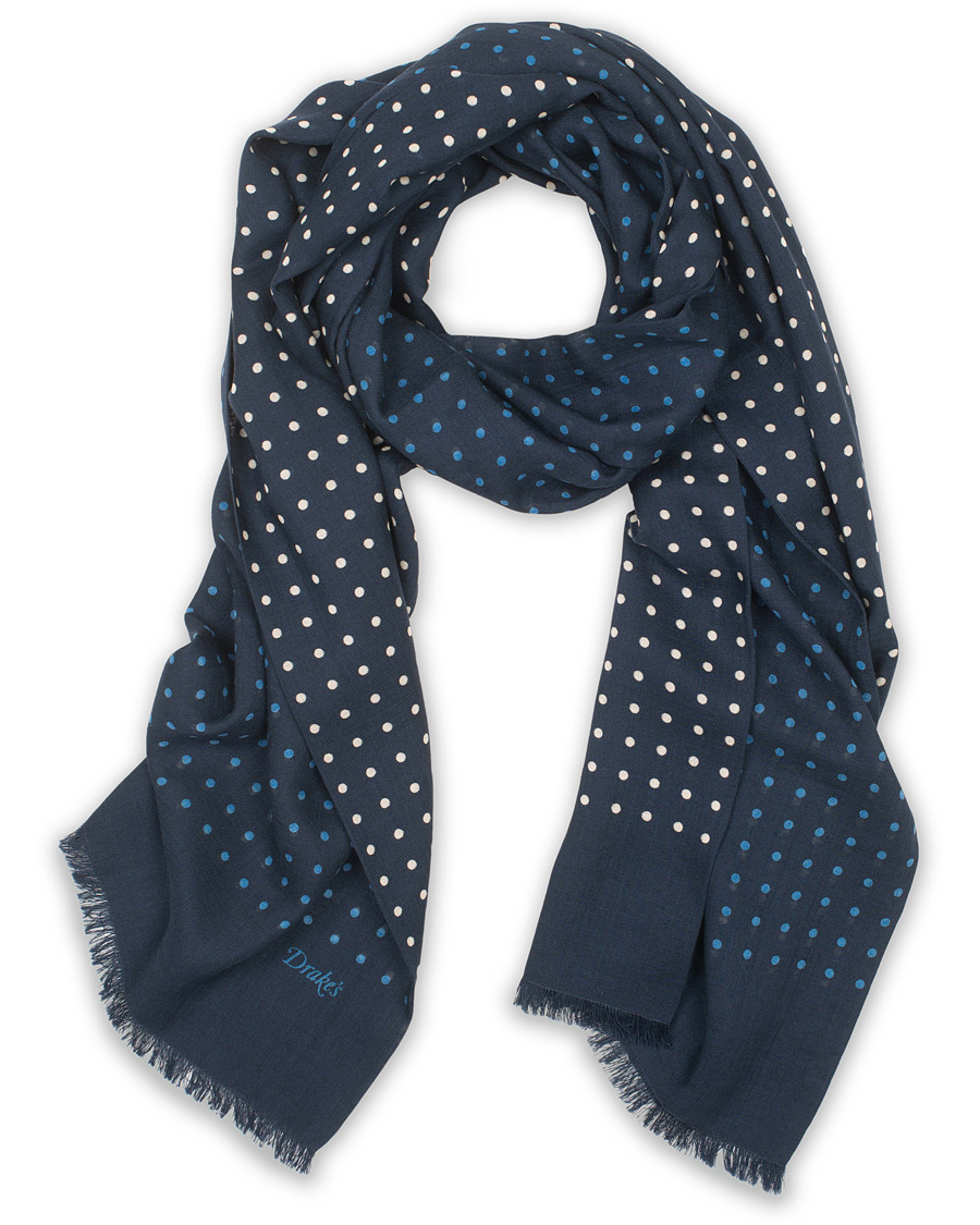 Herre | Drake's Wool/Silk Classic Spot Scarf Navy/White/Blue | Drake's | Wool/Silk Classic Spot Scarf Navy/White/Blue