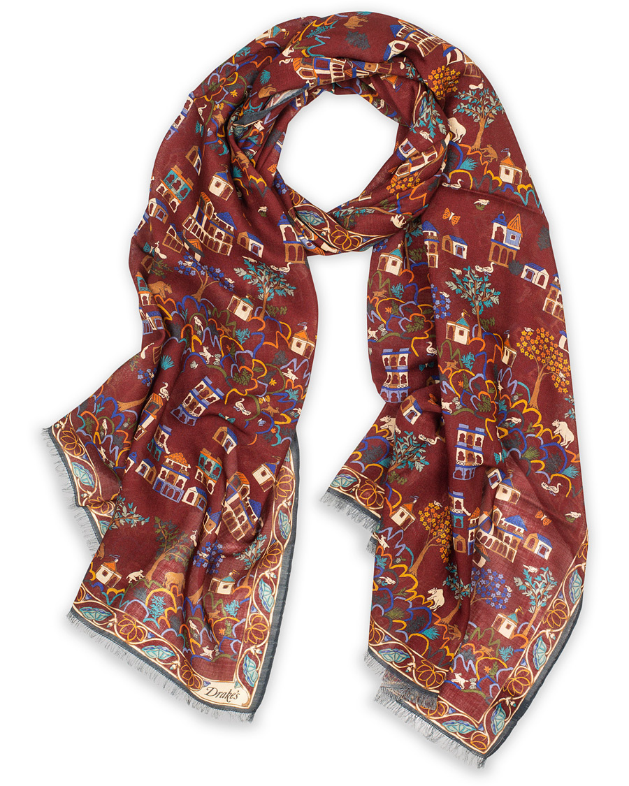 Herre | Drake's Wool/Silk Antique Village Printed Scarf Burgundy | Drake's | Wool/Silk Antique Village Printed Scarf Burgundy