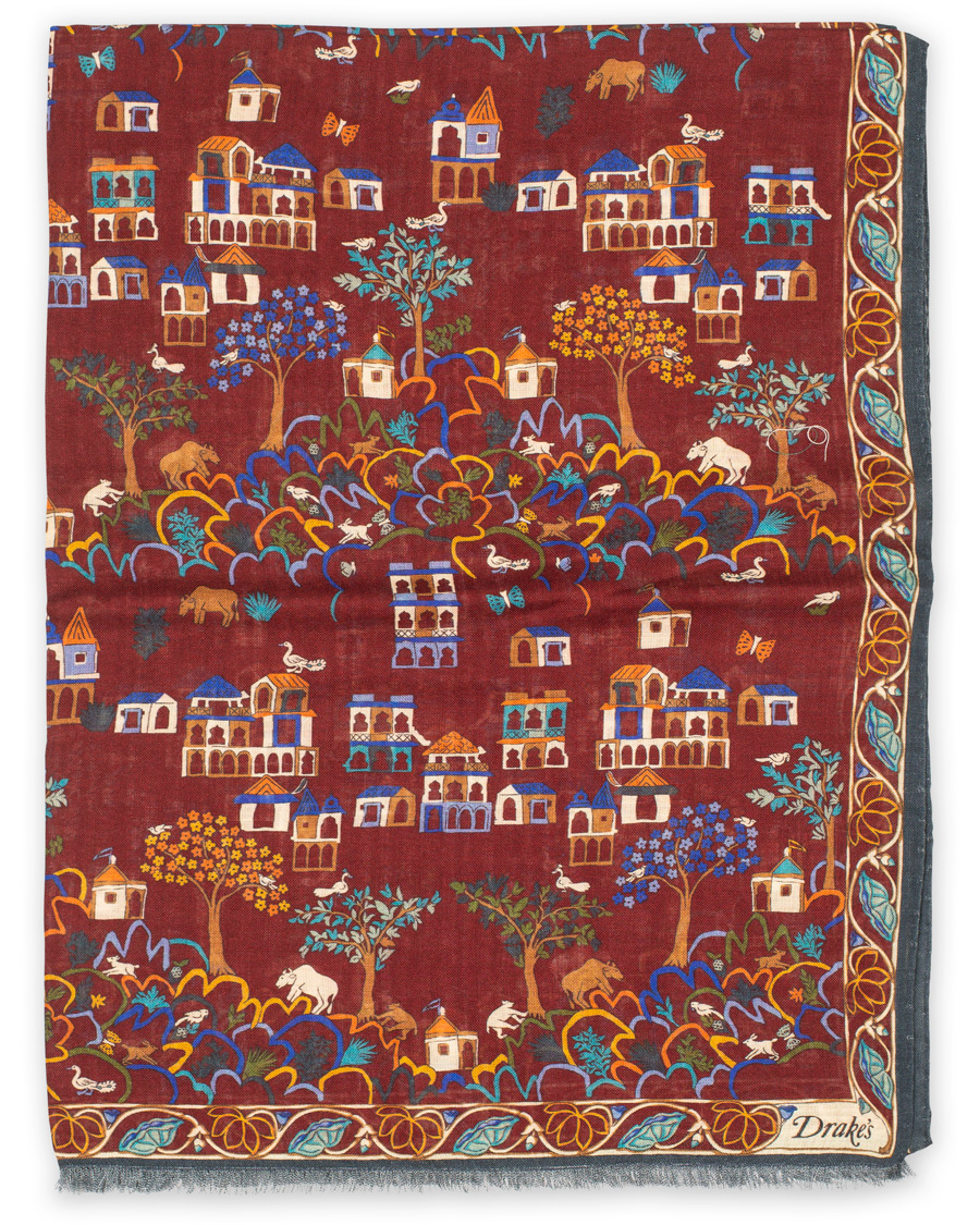 Herre | Drake's Wool/Silk Antique Village Printed Scarf Burgundy | Drake's | Wool/Silk Antique Village Printed Scarf Burgundy