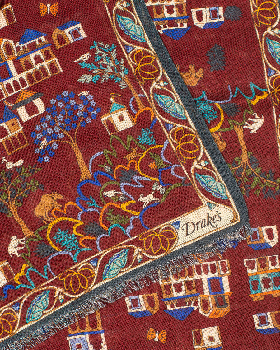 Herre | Drake's Wool/Silk Antique Village Printed Scarf Burgundy | Drake's | Wool/Silk Antique Village Printed Scarf Burgundy