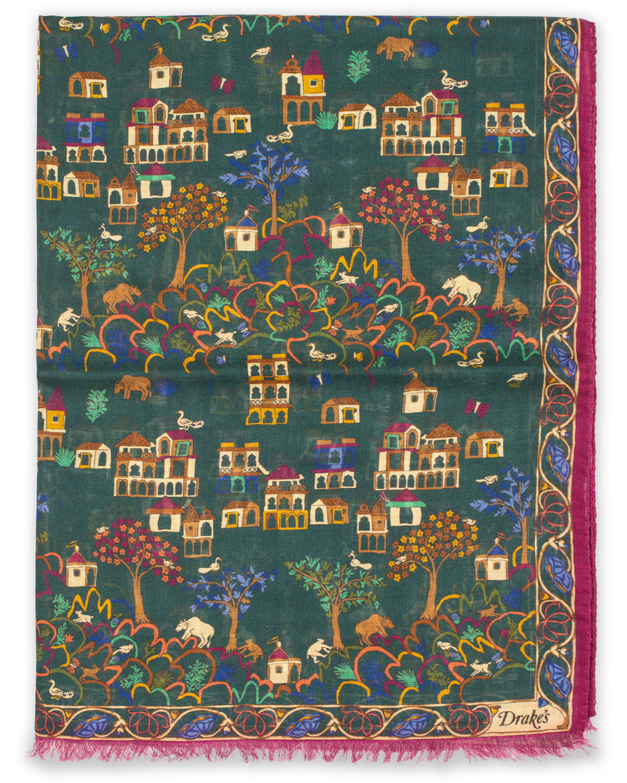 Herre | Drake's Wool/Silk Antique Village Printed Scarf Green | Drake's | Wool/Silk Antique Village Printed Scarf Green