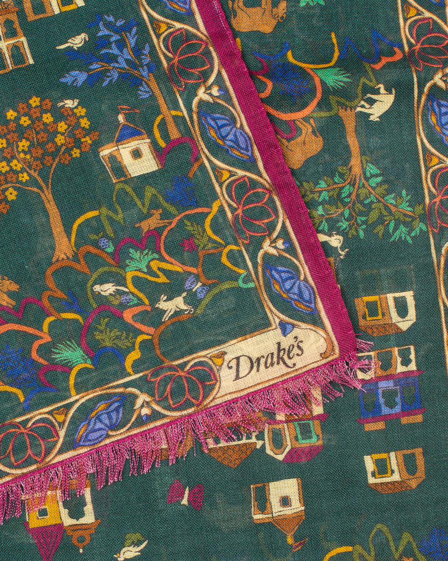Herre | Drake's Wool/Silk Antique Village Printed Scarf Green | Drake's | Wool/Silk Antique Village Printed Scarf Green