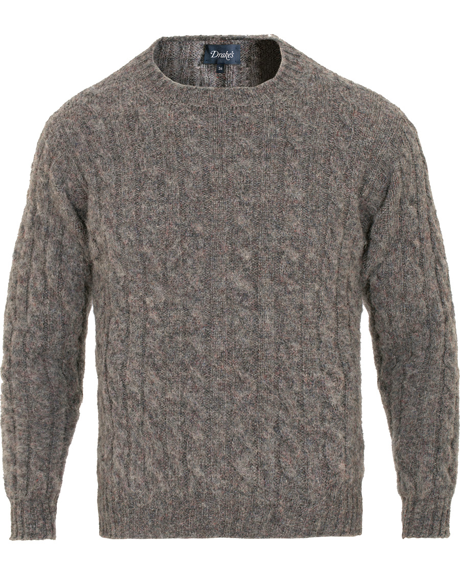 Herre | Gensere | Drake's | Shetland Cable Crew Neck Grey