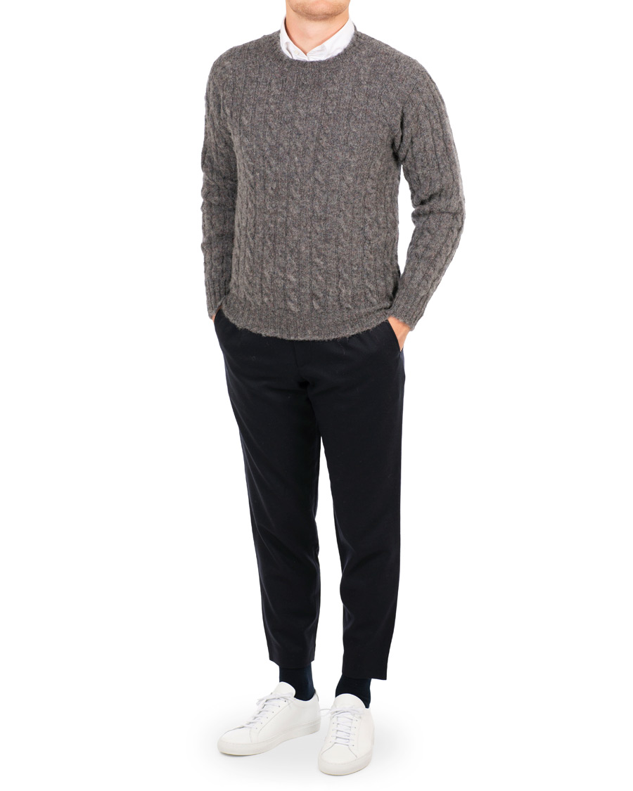 Herre | Gensere | Drake's | Shetland Cable Crew Neck Grey