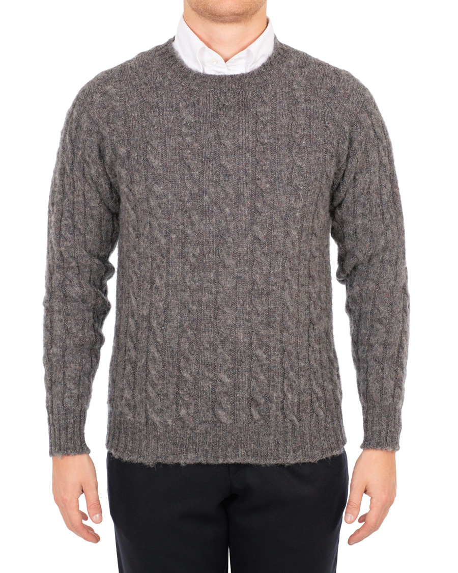 Herre | Gensere | Drake's | Shetland Cable Crew Neck Grey