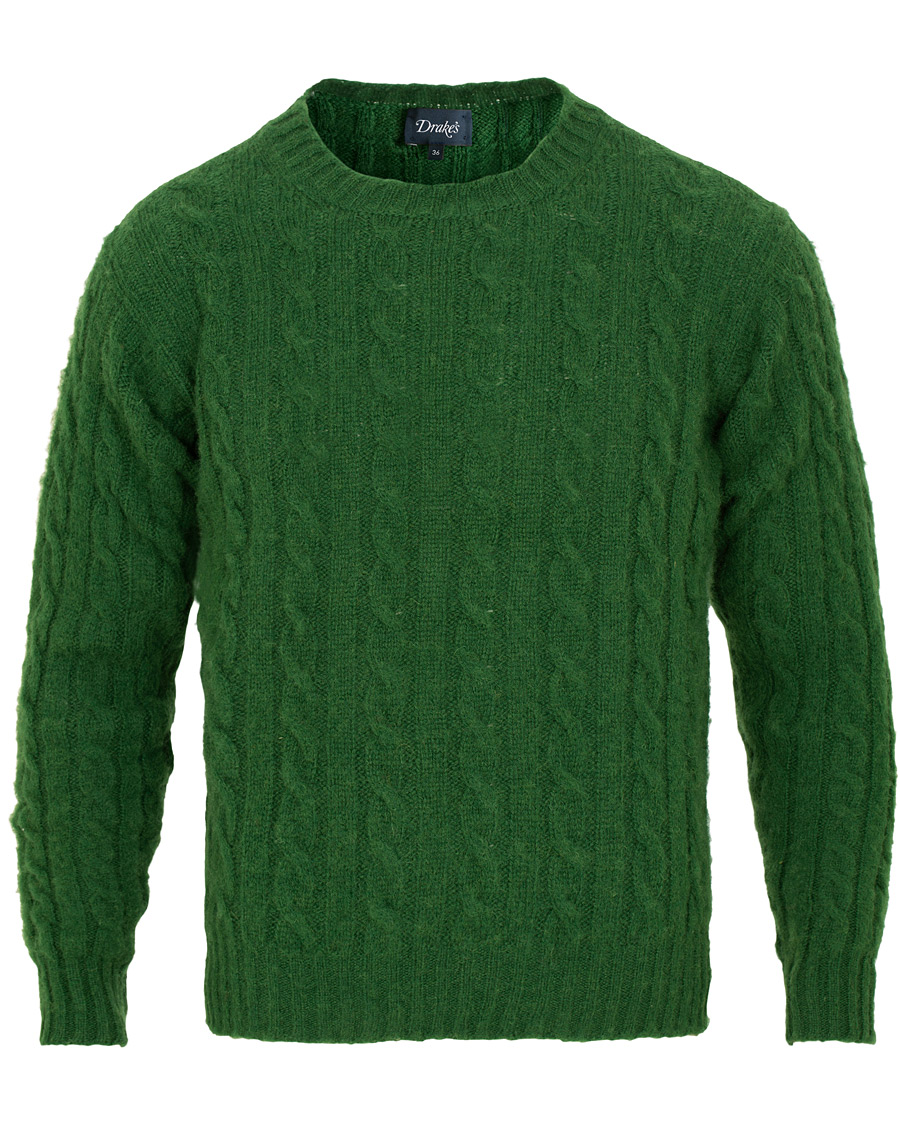 Herre | Gensere | Drake's | Shetland Cable Crew Neck Green
