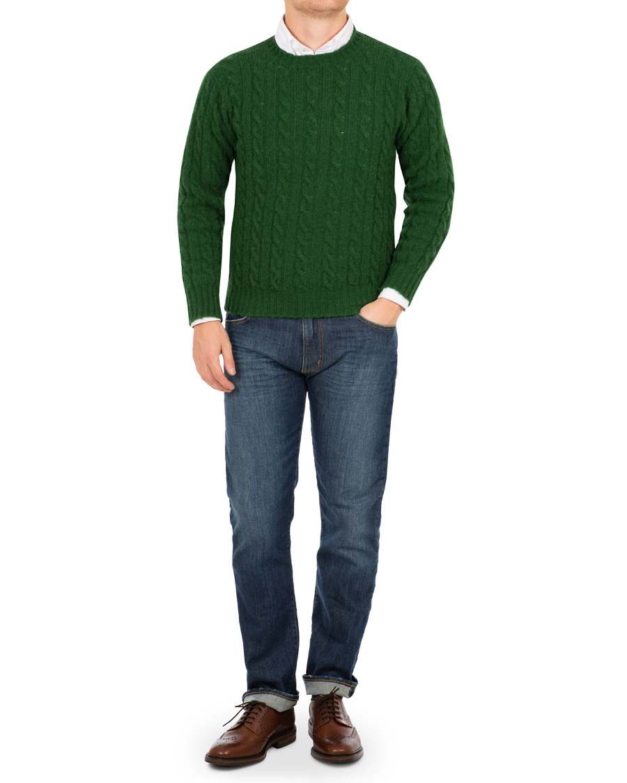 Herre | Gensere | Drake's | Shetland Cable Crew Neck Green