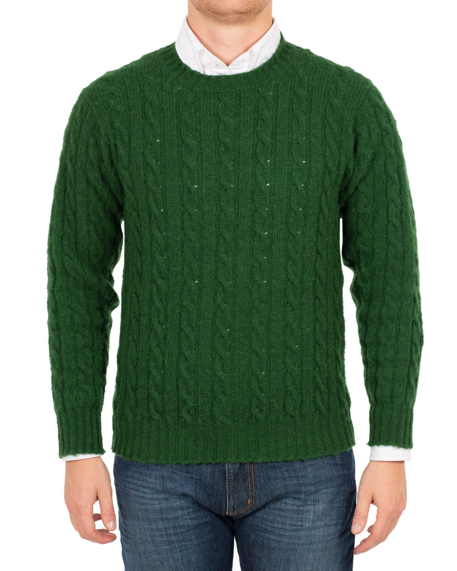 Herre | Gensere | Drake's | Shetland Cable Crew Neck Green