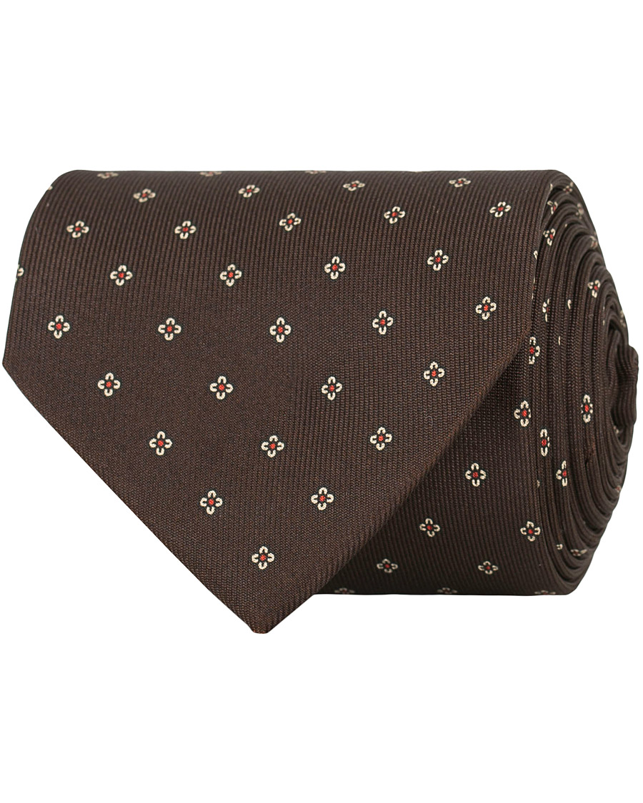 Herre | Drake's Silk Micro Printed Flower 8 cm Tie Brown | Drake's | Silk Micro Printed Flower 8 cm Tie Brown