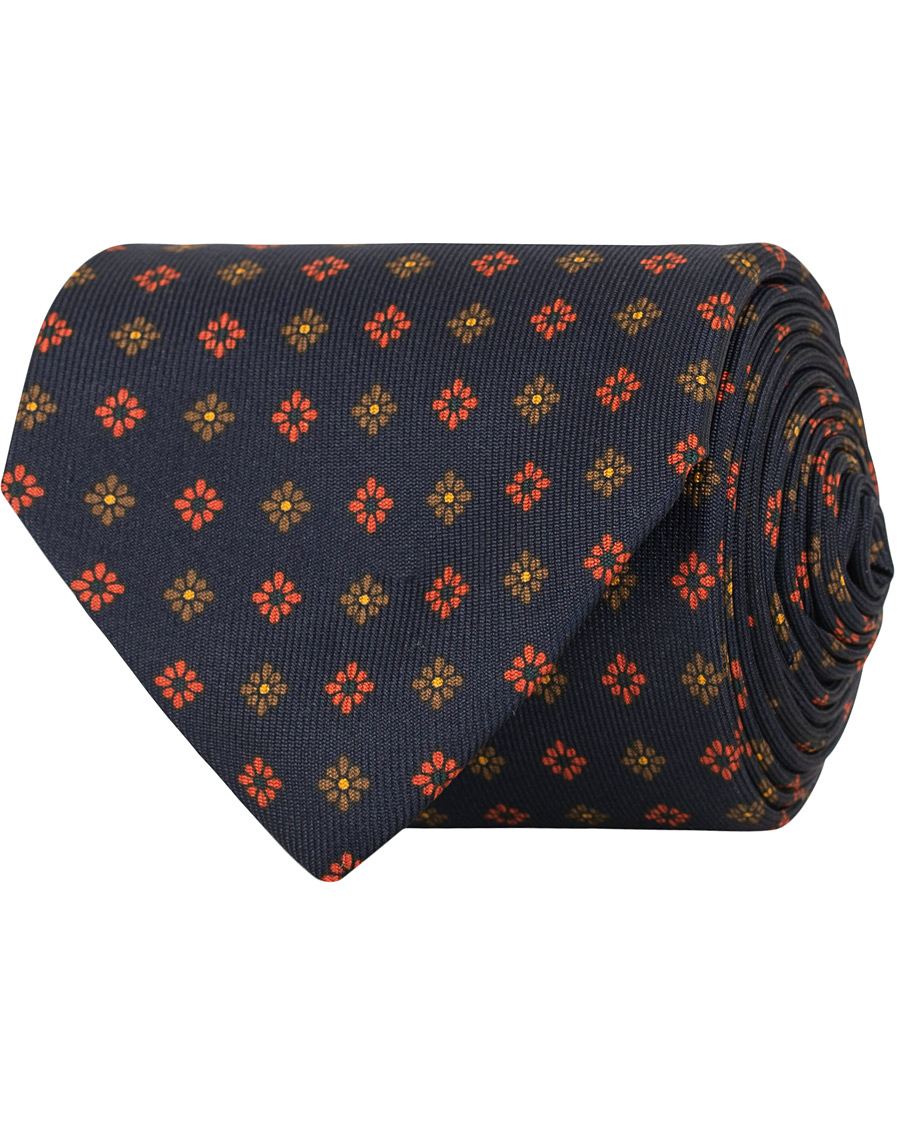 Herre | Drake's Silk Printed Flower 8 cm Tie Navy | Drake's | Silk Printed Flower 8 cm Tie Navy