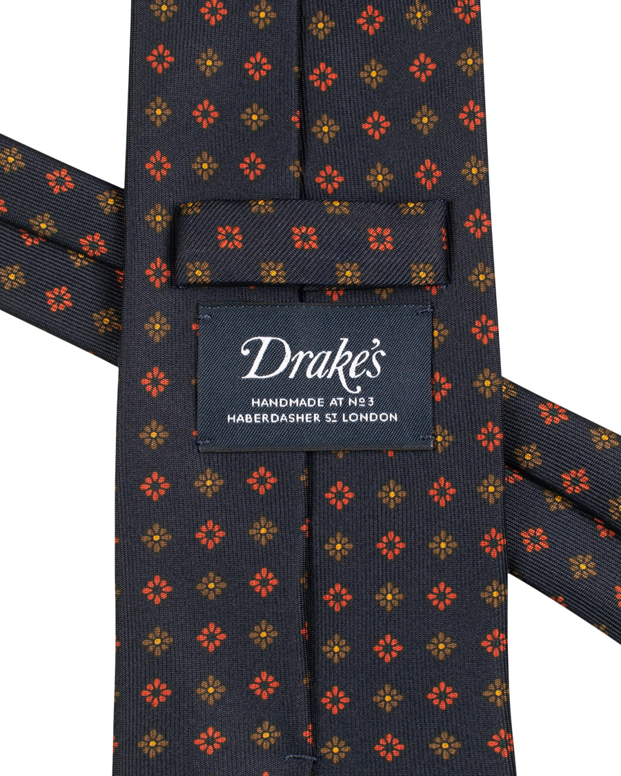 Herre | Drake's Silk Printed Flower 8 cm Tie Navy | Drake's | Silk Printed Flower 8 cm Tie Navy
