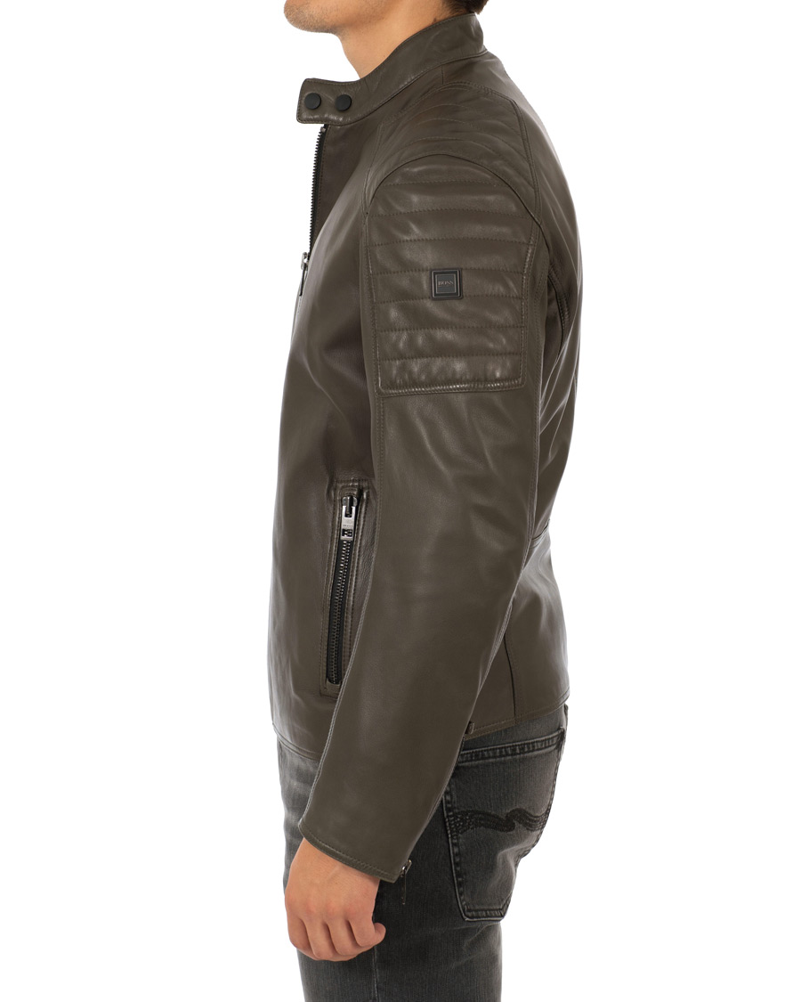 BOSS Casual Jaysee Biker Leather Jacket Dark Green