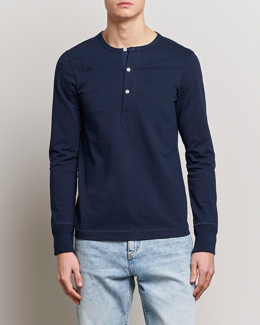 Herre | Klær | Merz b. Schwanen | Classic Organic Cotton Henley Sweater Ink Blue