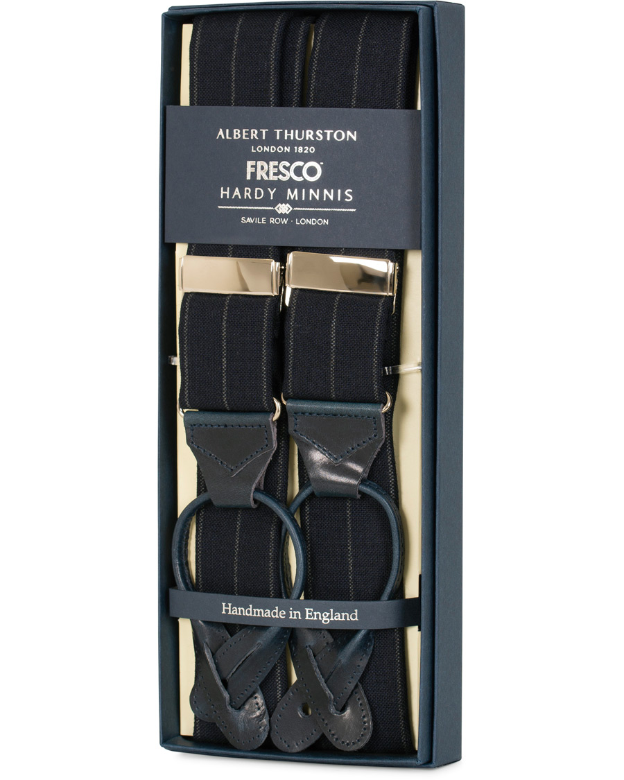 Herre | Albert Thurston Pinstripe Fresco Braces 38 mm Blue | Albert Thurston | Pinstripe Fresco Braces 38 mm Blue
