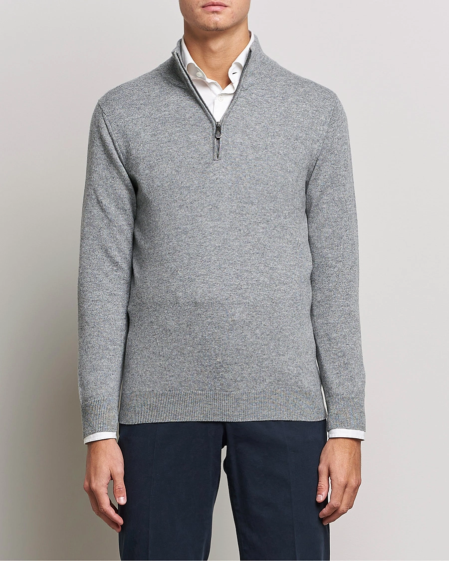 Herre | Piacenza Cashmere | Piacenza Cashmere | Cashmere Half Zip Sweater Light Grey