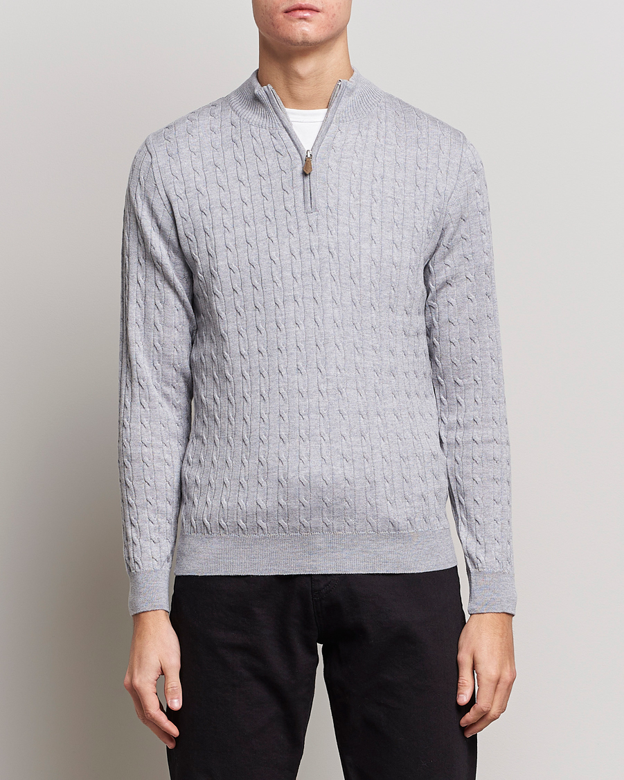 Herre | Gensere | Stenströms | Merino Wool Cable Half Zip Light Grey