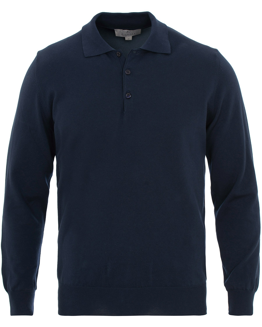 Herre | Gensere | Canali | Cotton Knitted Long Sleeve Polo Navy
