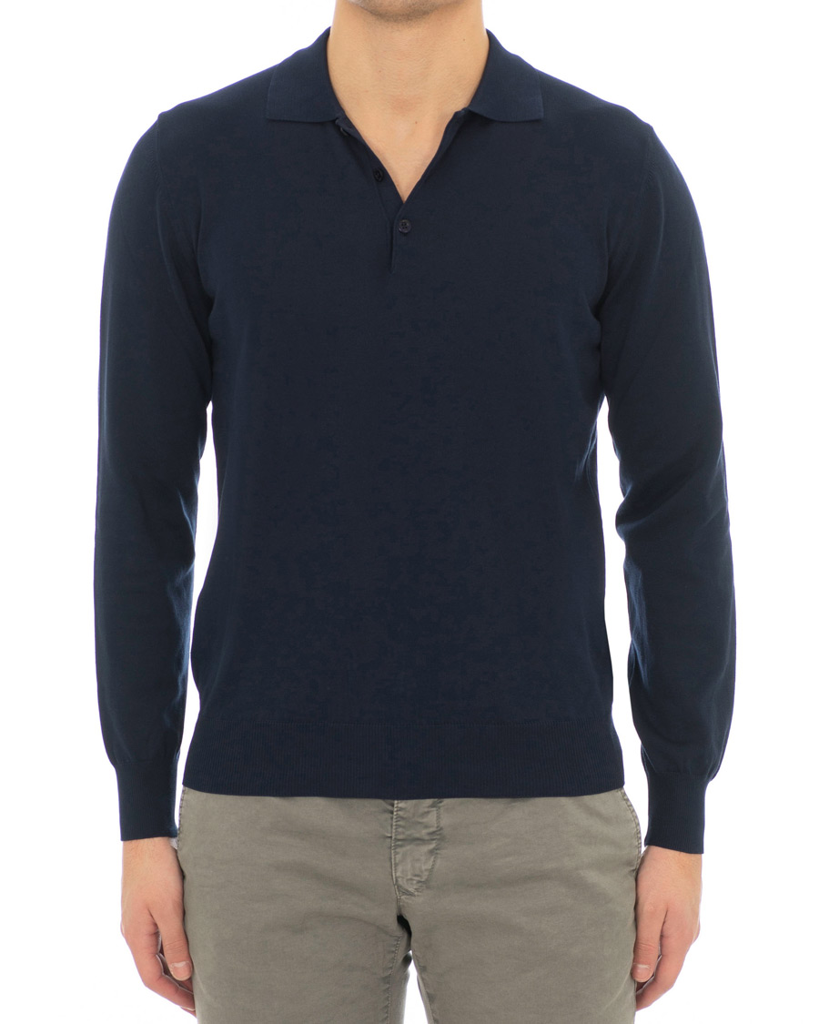 Herre | Gensere | Canali | Cotton Knitted Long Sleeve Polo Navy