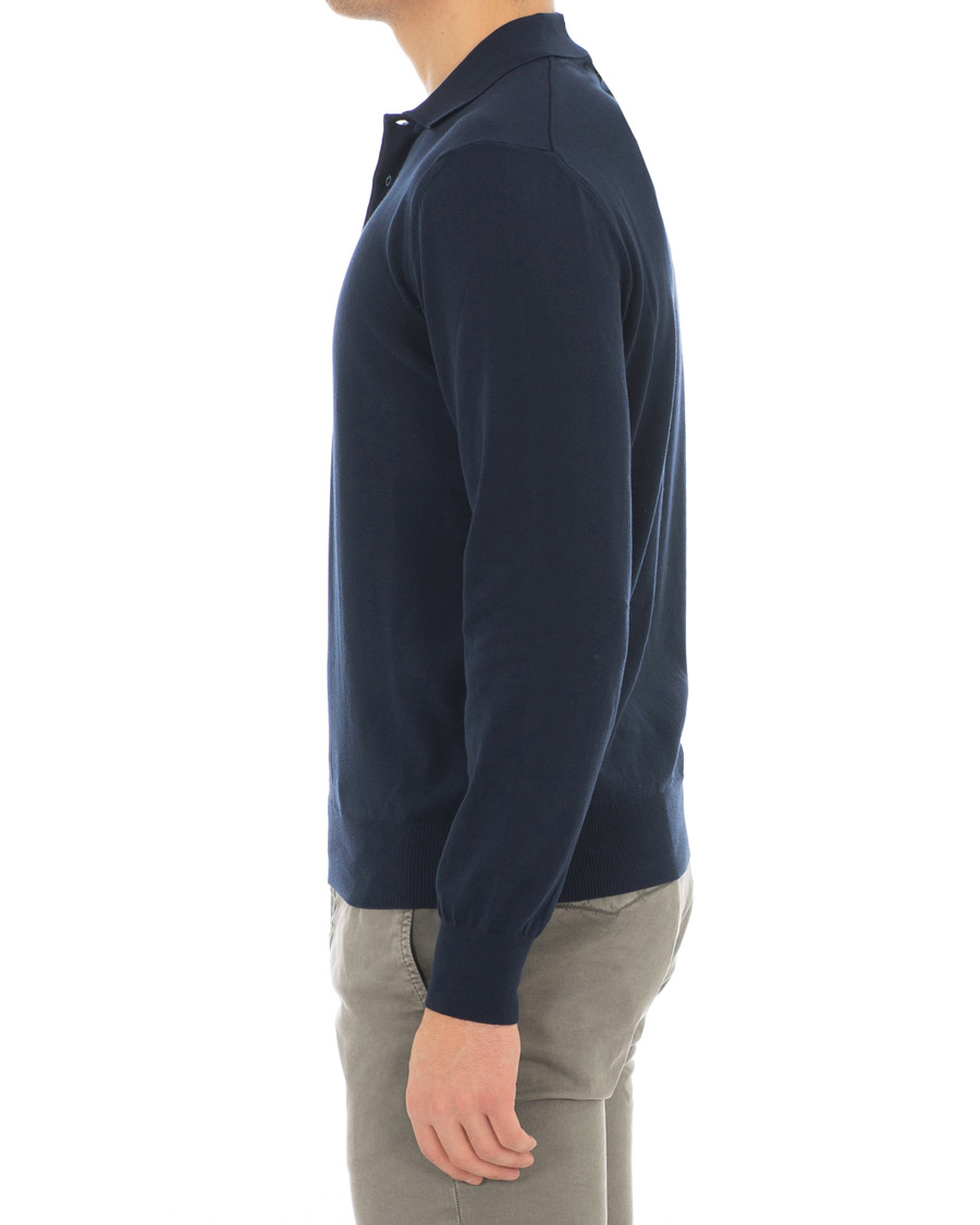 Herre | Gensere | Canali | Cotton Knitted Long Sleeve Polo Navy