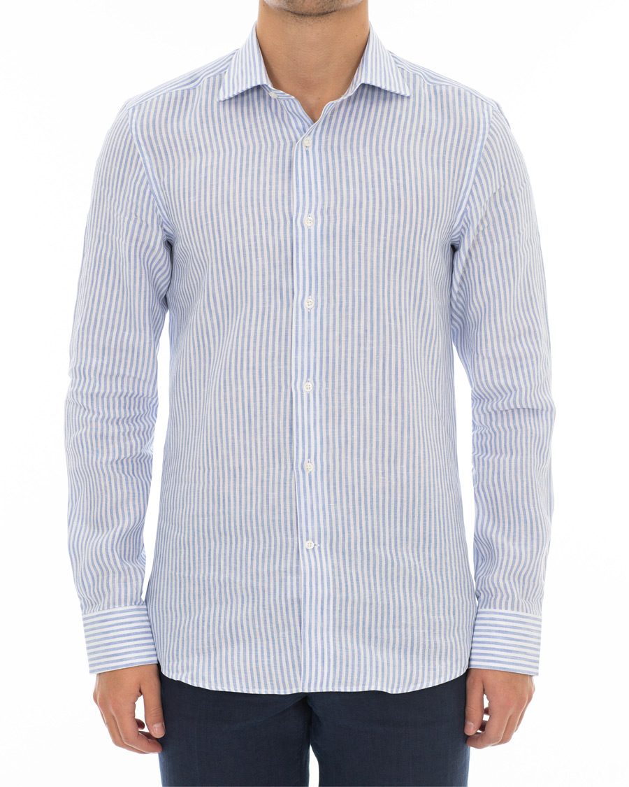 Herre | Skjorter | Canali | Striped Linen Shirt Light Blue