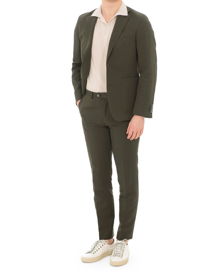 Herre | Dressjakker | Oscar Jacobson | Einar Cotton/Linen Herringbone Blazer Olive