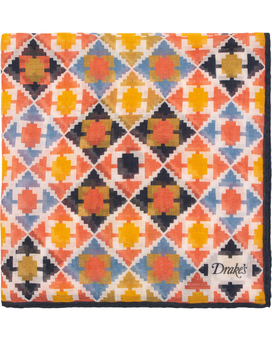 Herre | Drake's Cotton/Modal Morrocan Tile Pocket Square White | Drake's | Cotton/Modal Morrocan Tile Pocket Square White